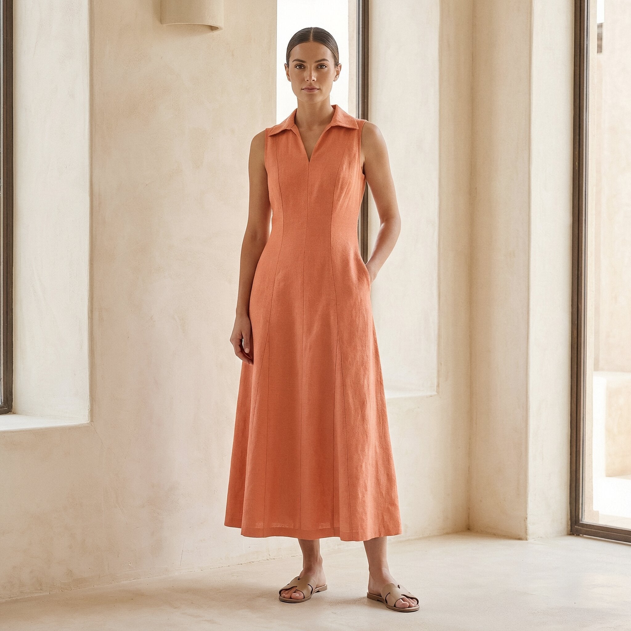 Peach Cotton Flax Paneled Sleeveless Maxi Dress