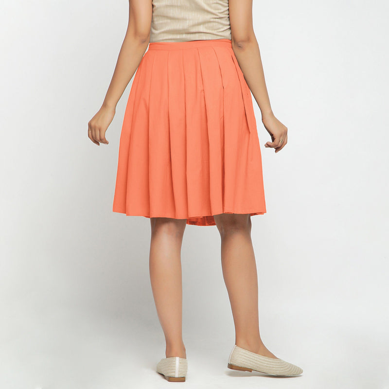 Back View of a Model wearing Peach Cotton Flax Pleated Skirt