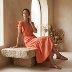Peach Cotton Flax Ruffle Midi Wrap Dress