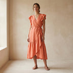 Peach Cotton Flax Ruffle Midi Wrap Dress