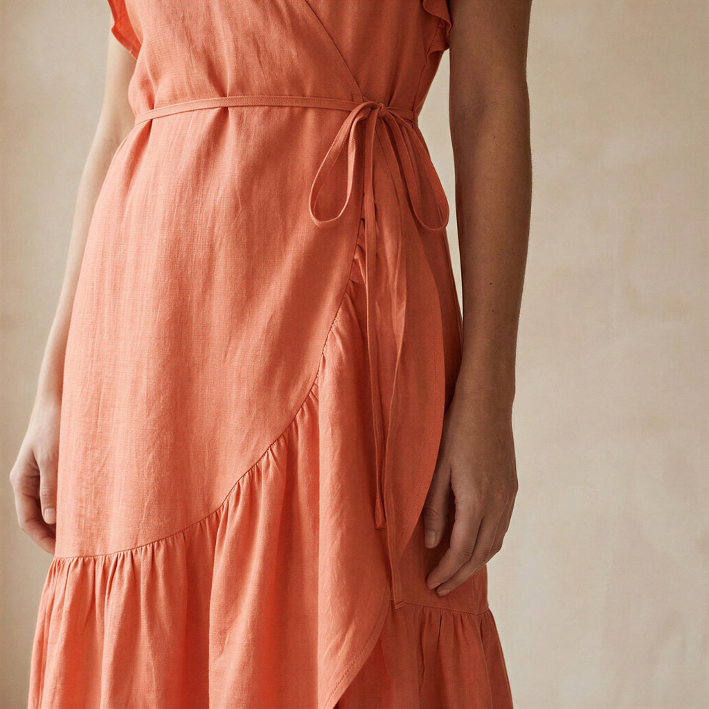 Peach Cotton Flax Ruffle Midi Wrap Dress