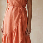 Peach Cotton Flax Ruffle Midi Wrap Dress