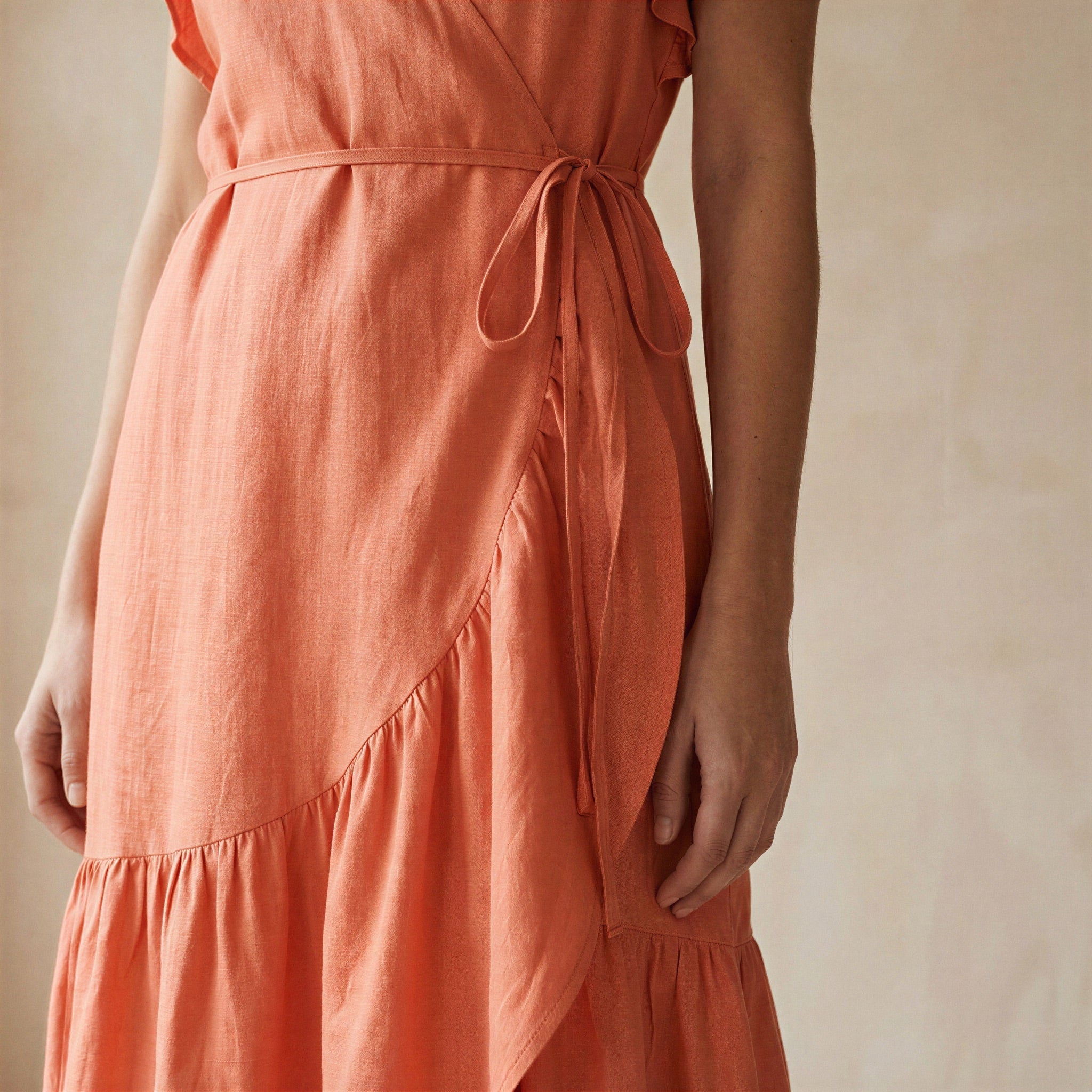 Peach Cotton Flax Ruffle Midi Wrap Dress