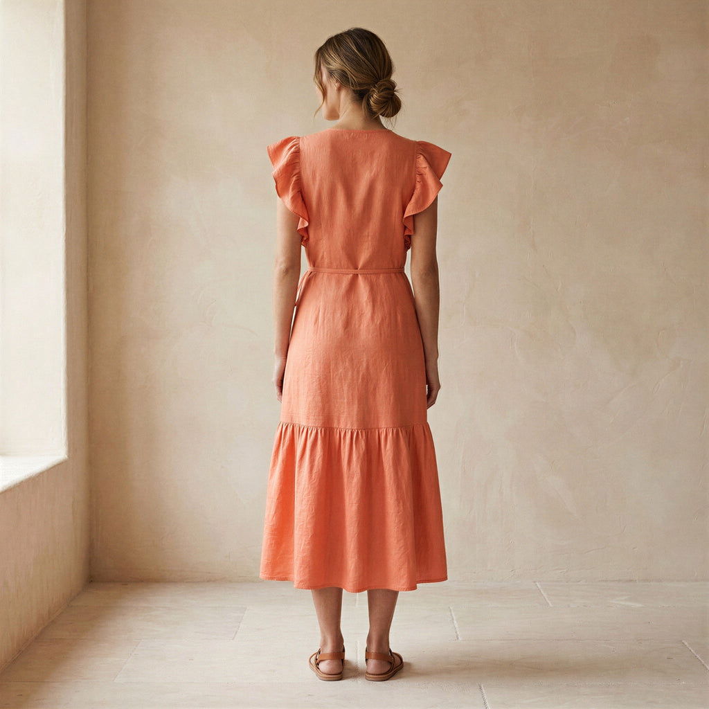 Peach Cotton Flax Ruffle Midi Wrap Dress