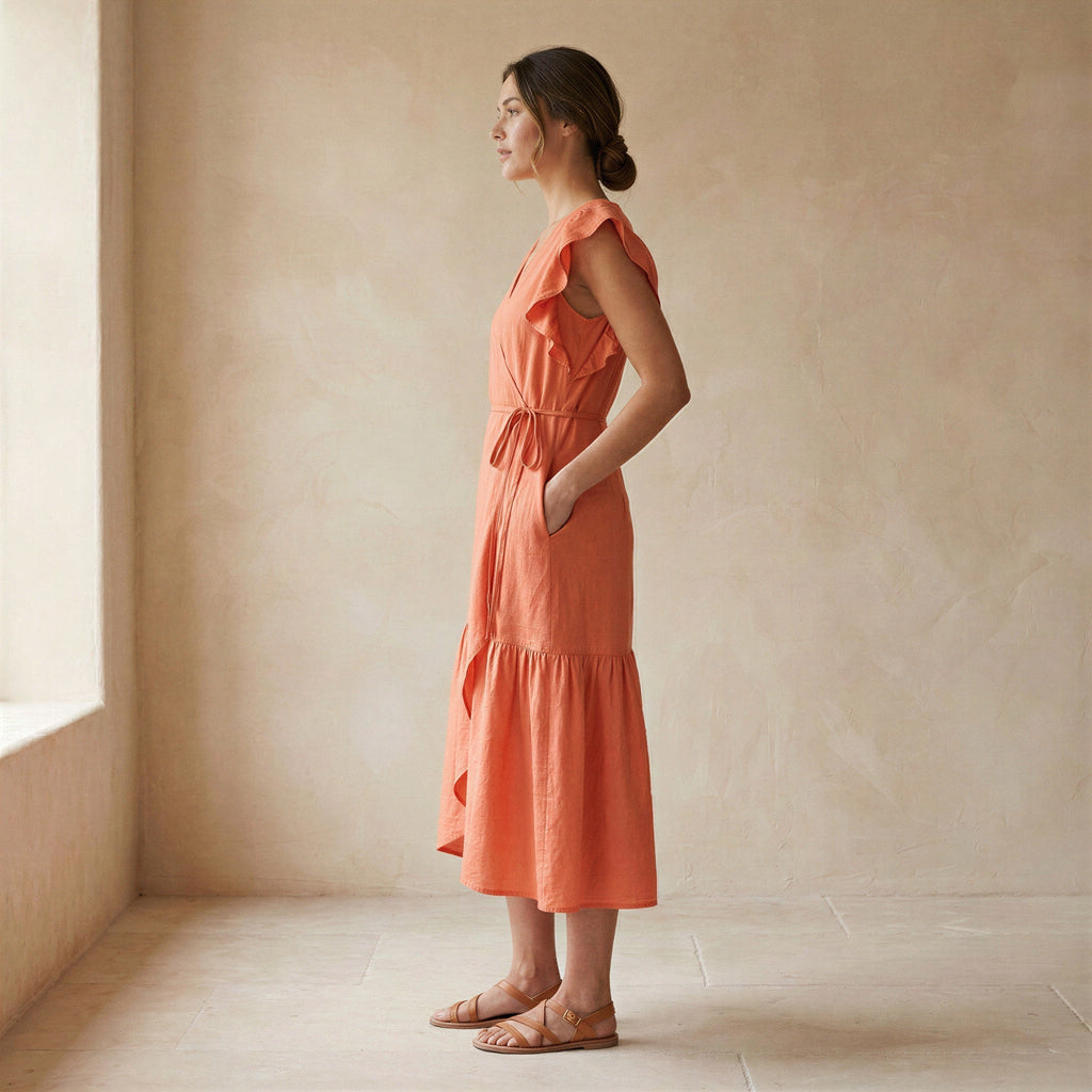 Peach Cotton Flax Ruffle Midi Wrap Dress