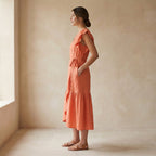 Peach Cotton Flax Ruffle Midi Wrap Dress