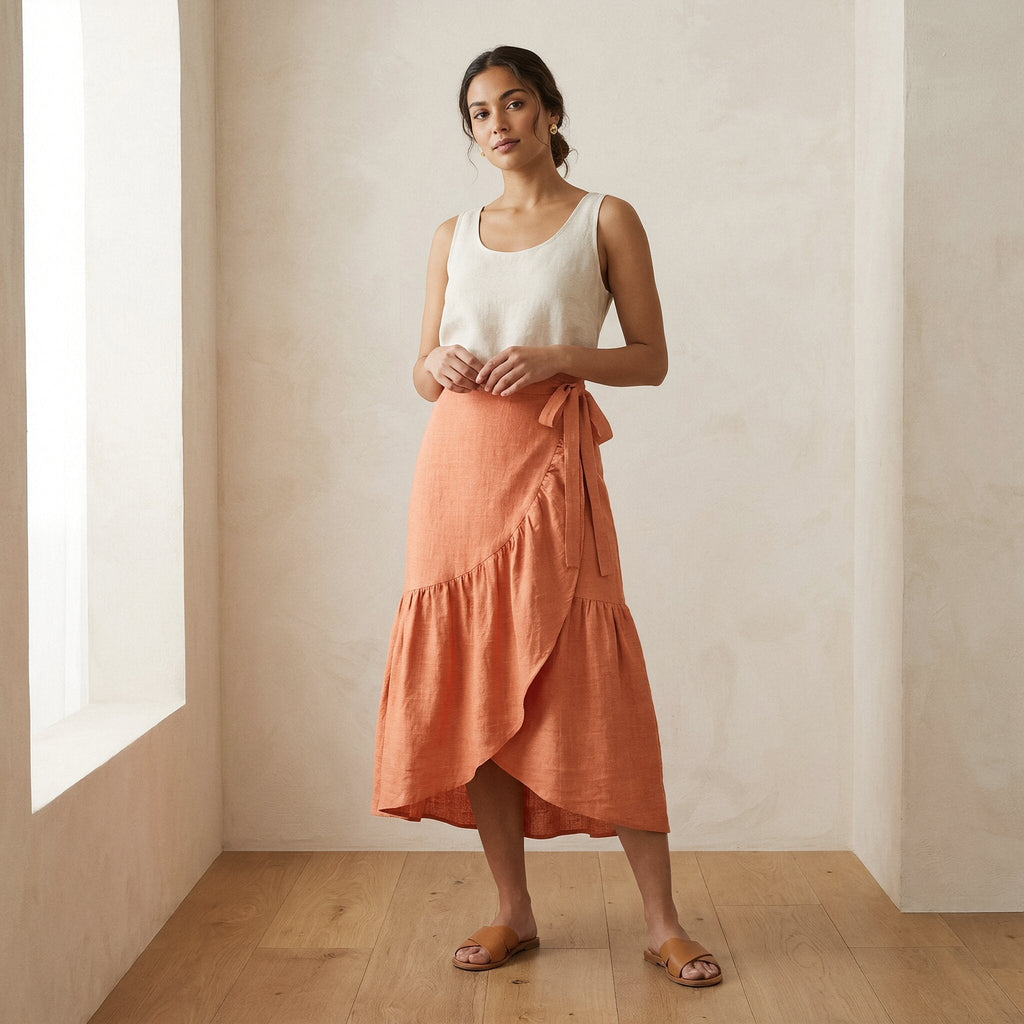 Peach Cotton Flax Ruffle Midi Wrap Skirt