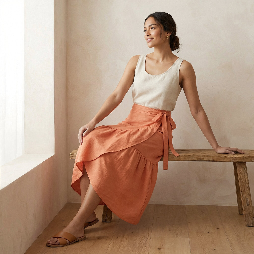 Peach Cotton Flax Ruffle Midi Wrap Skirt