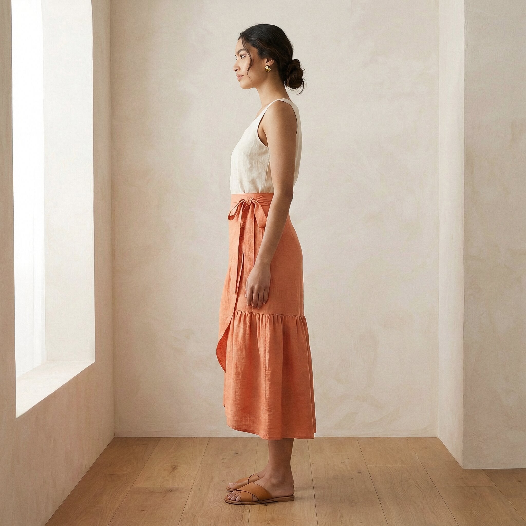 Peach Cotton Flax Ruffle Midi Wrap Skirt