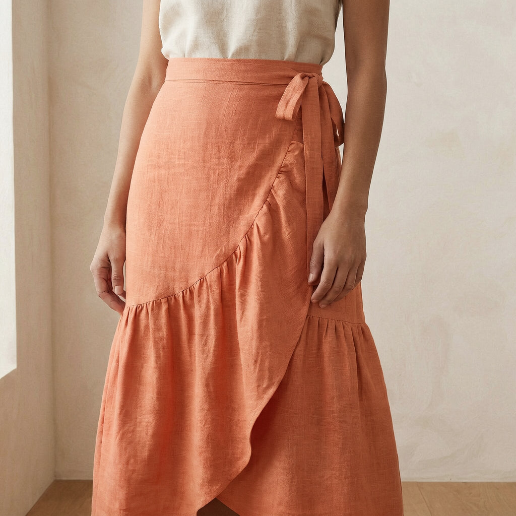 Peach Cotton Flax Ruffle Midi Wrap Skirt