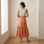 Peach Cotton Flax Ruffle Midi Wrap Skirt