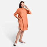 Right View of a Model wearing Peach Cotton Flax Shirt Dress