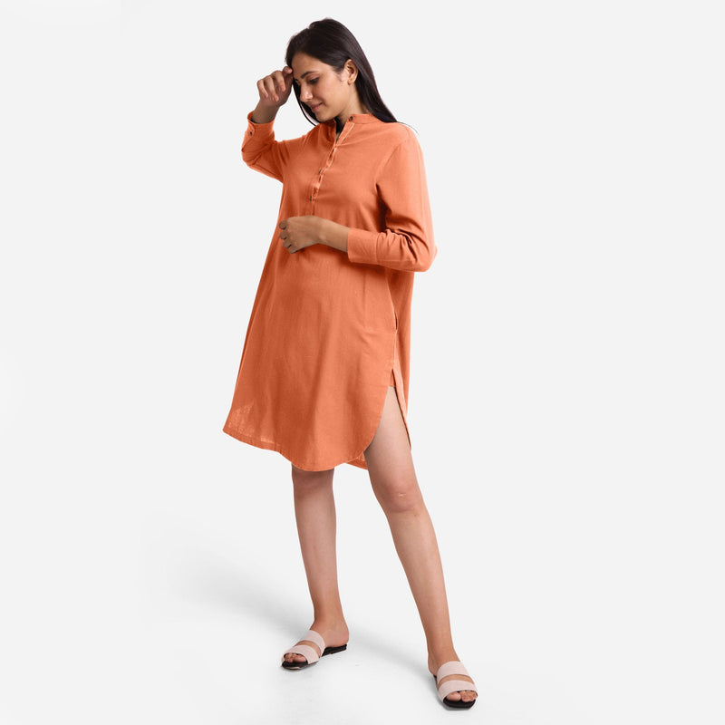 Left View of a Model wearing Peach Cotton Flax Shirt Dress
