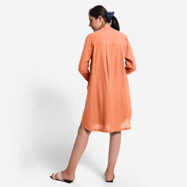 Back View of a Model wearing Peach Cotton Flax Shirt Dress