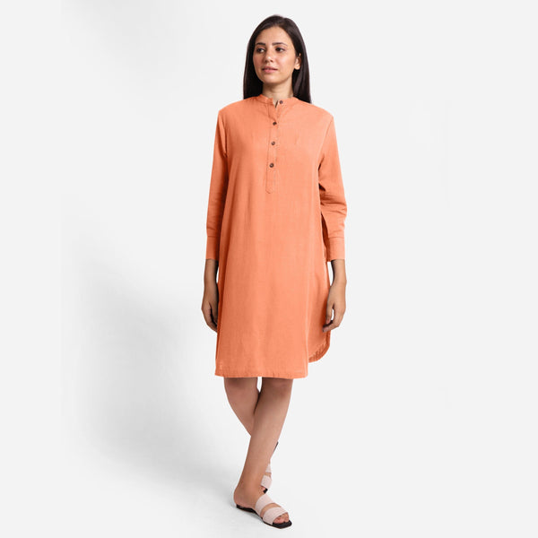 Front View of a Model wearing Peach Cotton Flax Shirt Dress