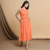 Peach Cotton Flax Sleeveless A-Line Midi Dress