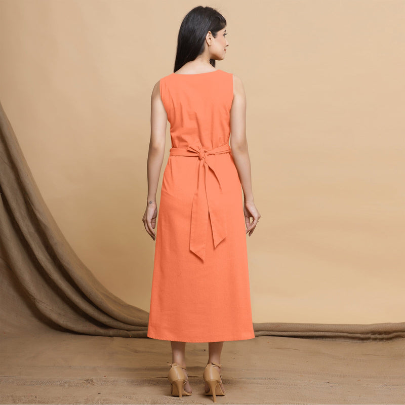 Peach Cotton Flax Sleeveless A-Line Midi Dress