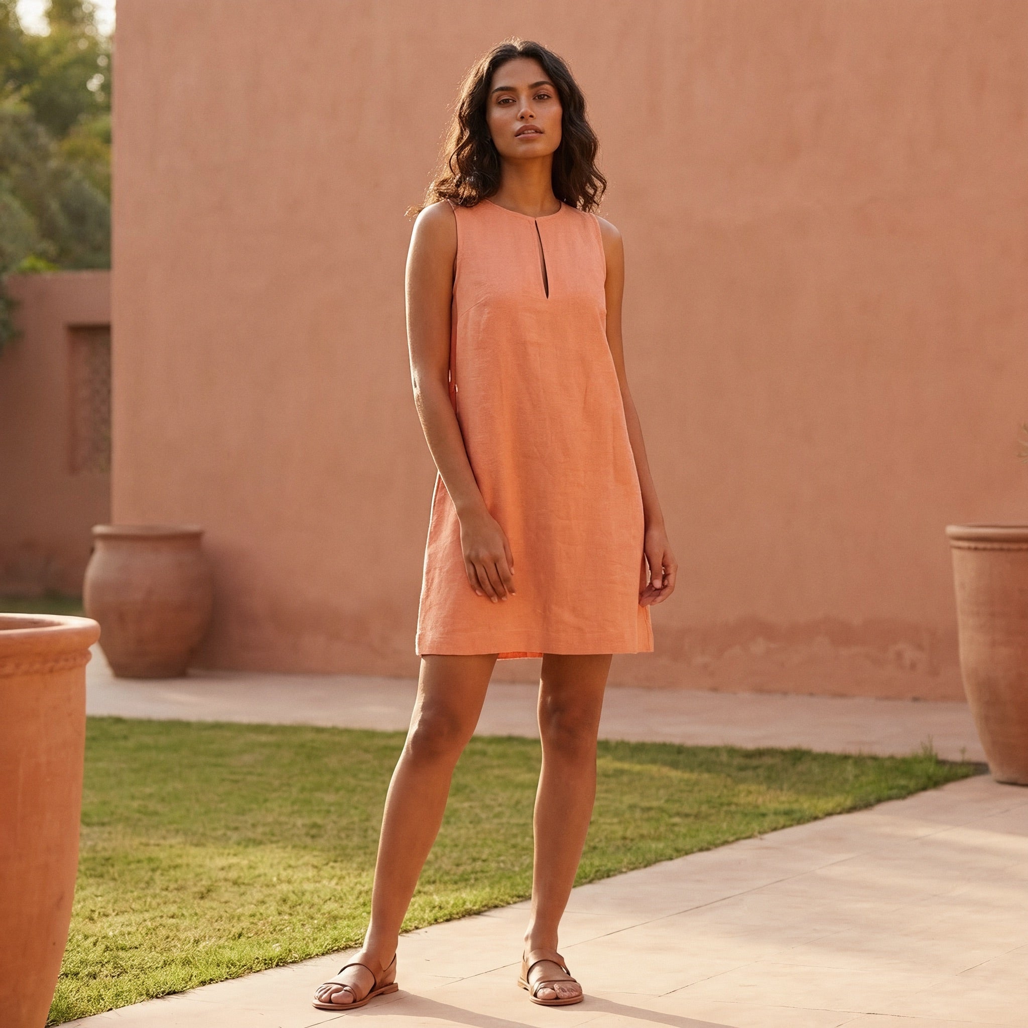 Peach Cotton Flax Sleeveless A-Line Short Shift Dress