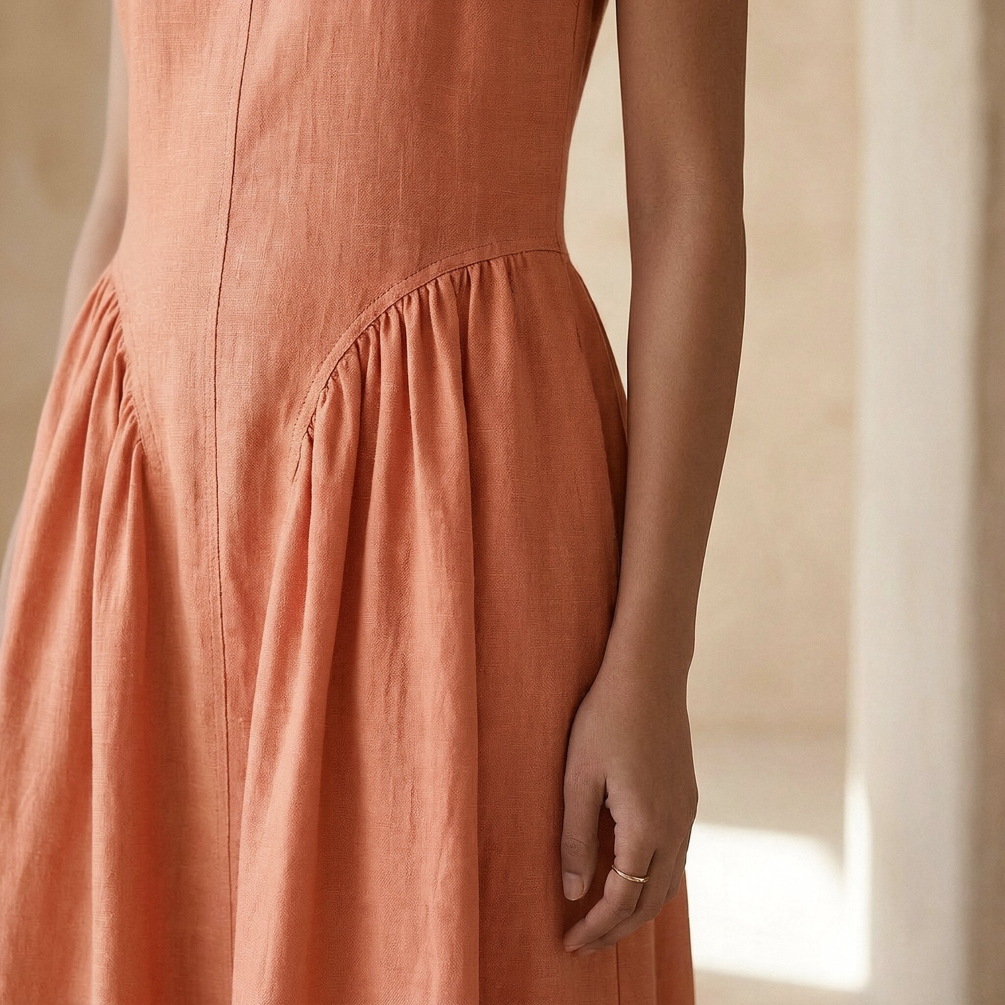 Peach Cotton Flax Sleeveless Paneled Maxi Dress