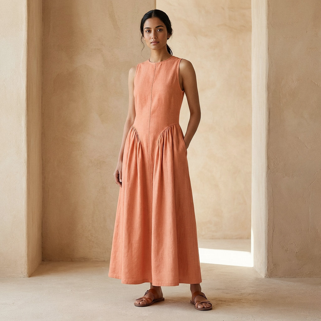 Peach Cotton Flax Sleeveless Paneled Maxi Dress