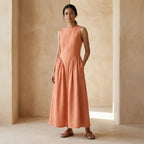 Peach Cotton Flax Sleeveless Paneled Maxi Dress