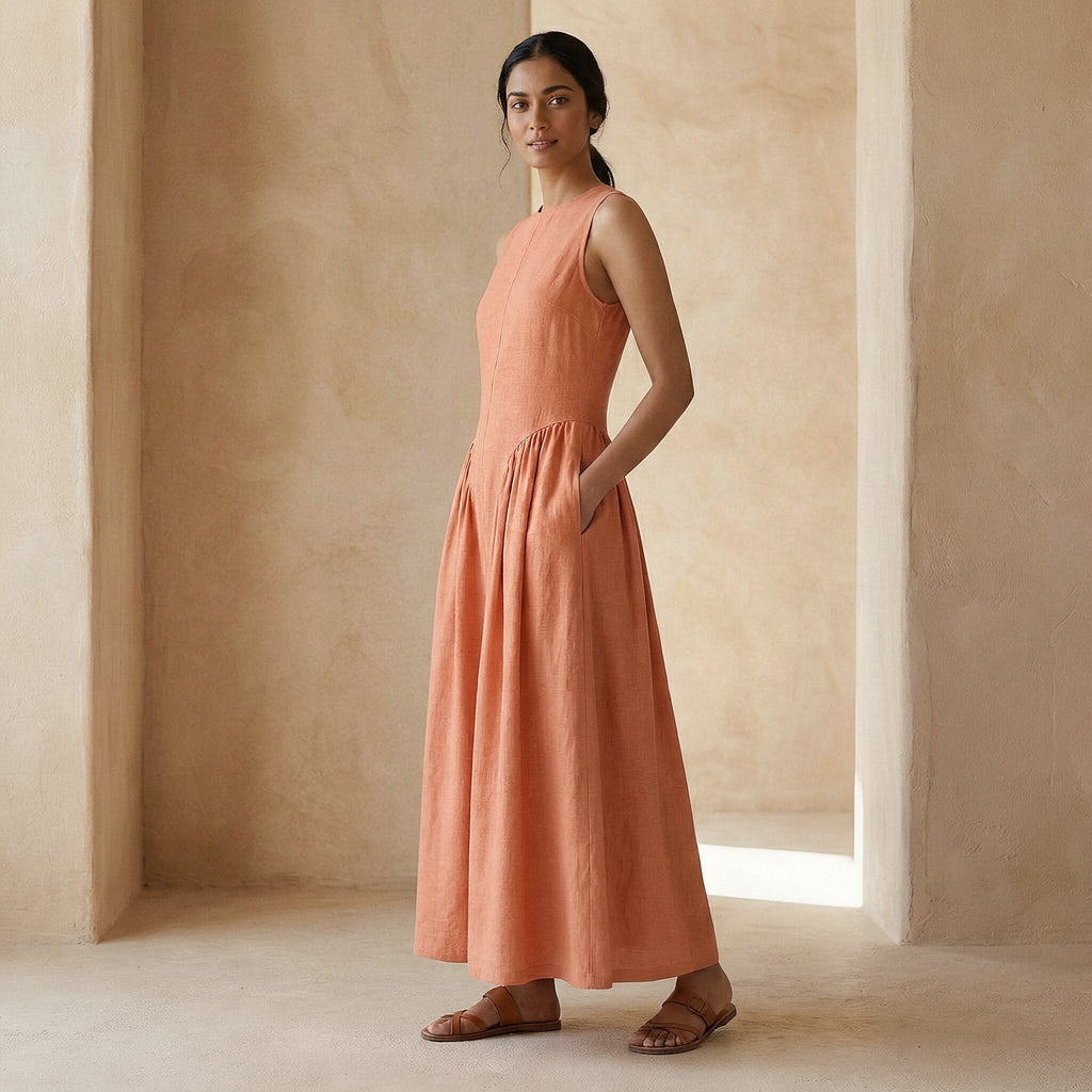 Peach Cotton Flax Sleeveless Paneled Maxi Dress