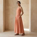 Peach Cotton Flax Sleeveless Paneled Maxi Dress