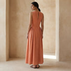 Peach Cotton Flax Sleeveless Paneled Maxi Dress