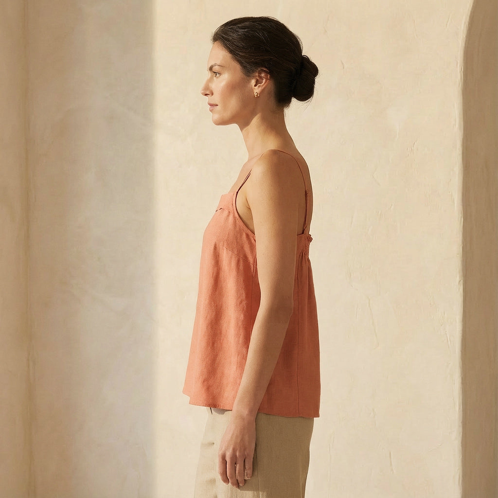 Peach Cotton Flax Spaghetti Strap Top with Elastic Gathered Back