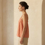 Peach Cotton Flax Spaghetti Strap Top with Elastic Gathered Back