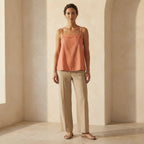 Peach Cotton Flax Spaghetti Strap Top with Elastic Gathered Back
