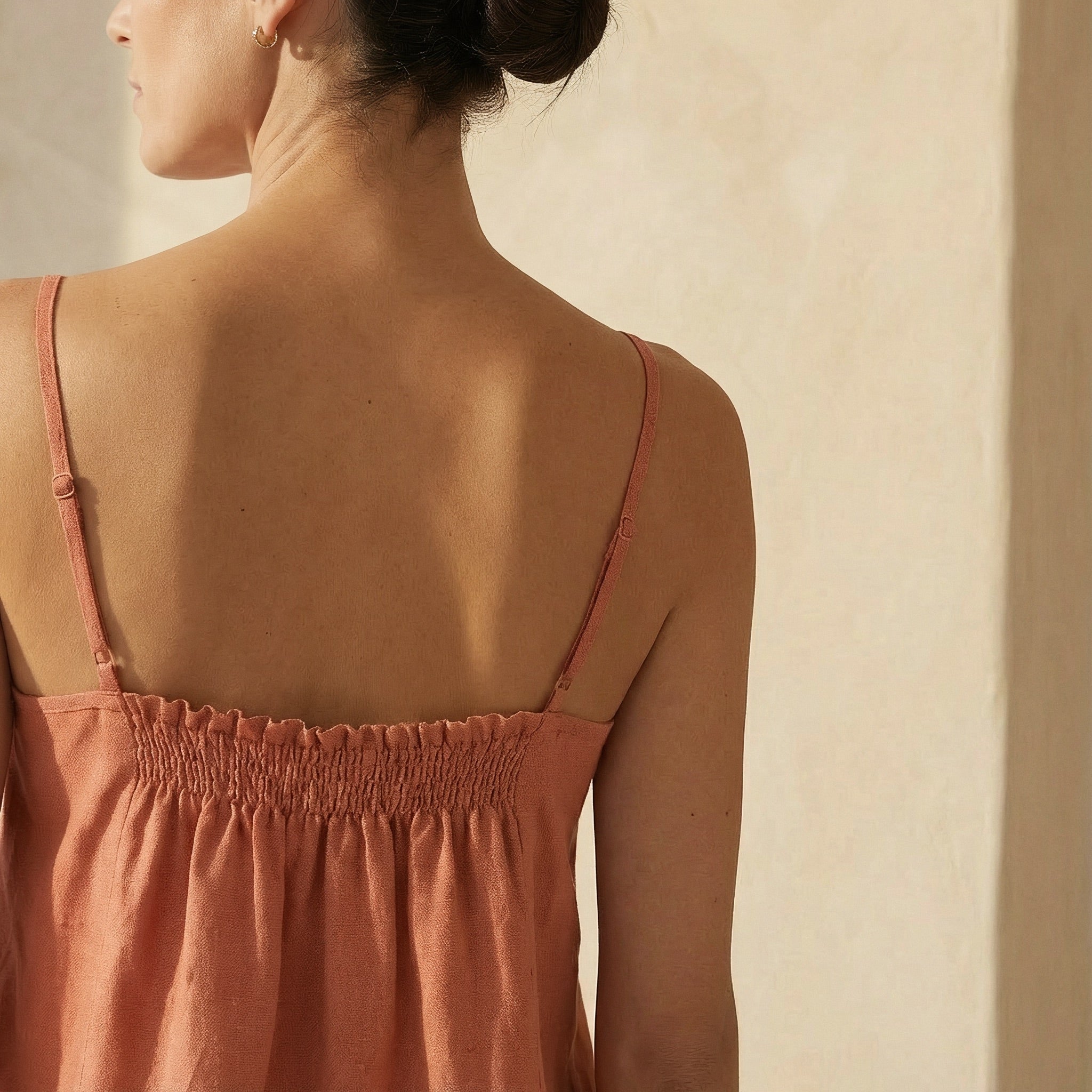 Peach Cotton Flax Spaghetti Strap Top with Elastic Gathered Back