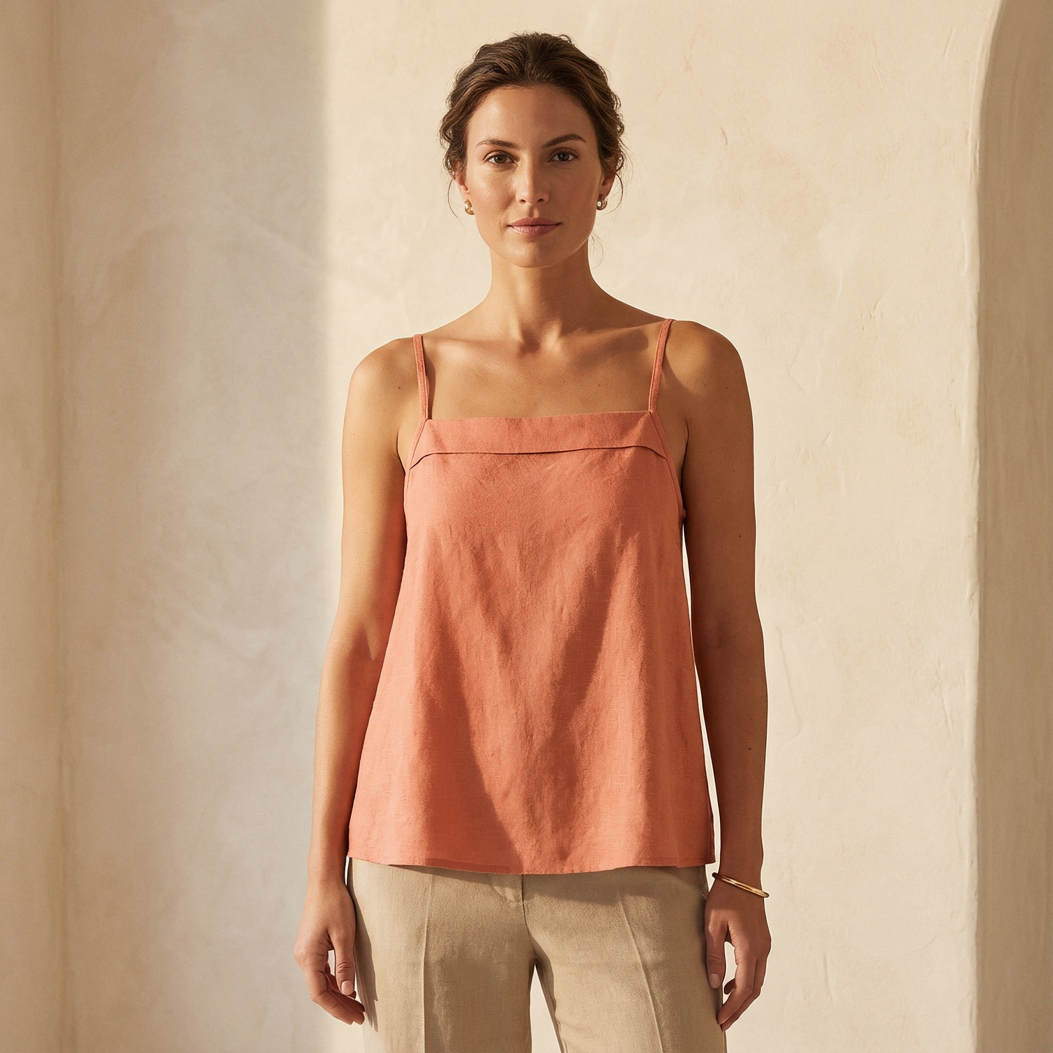 Peach Cotton Flax Spaghetti Strap Top with Elastic Gathered Back