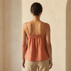 Peach Cotton Flax Spaghetti Strap Top with Elastic Gathered Back