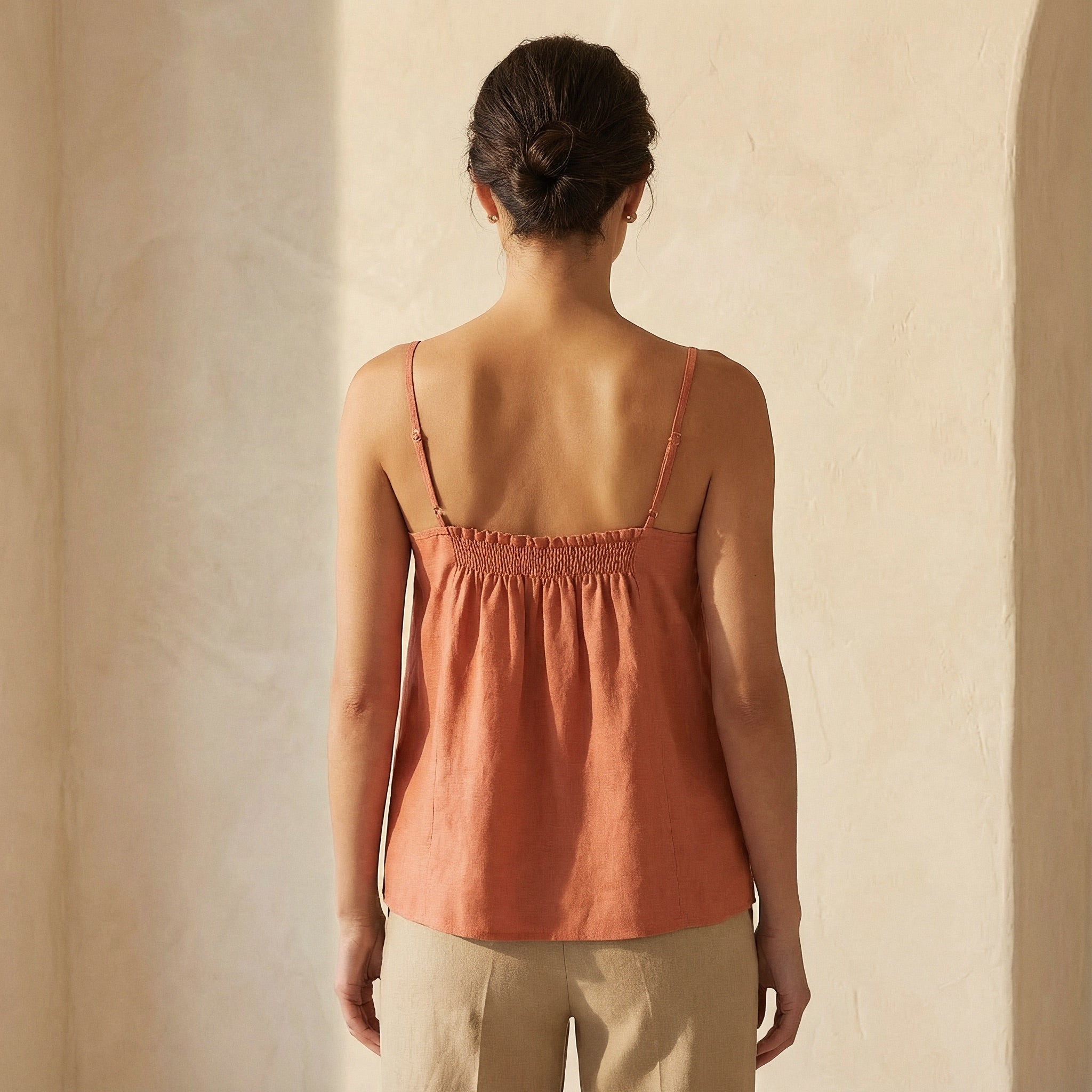 Peach Cotton Flax Spaghetti Strap Top with Elastic Gathered Back