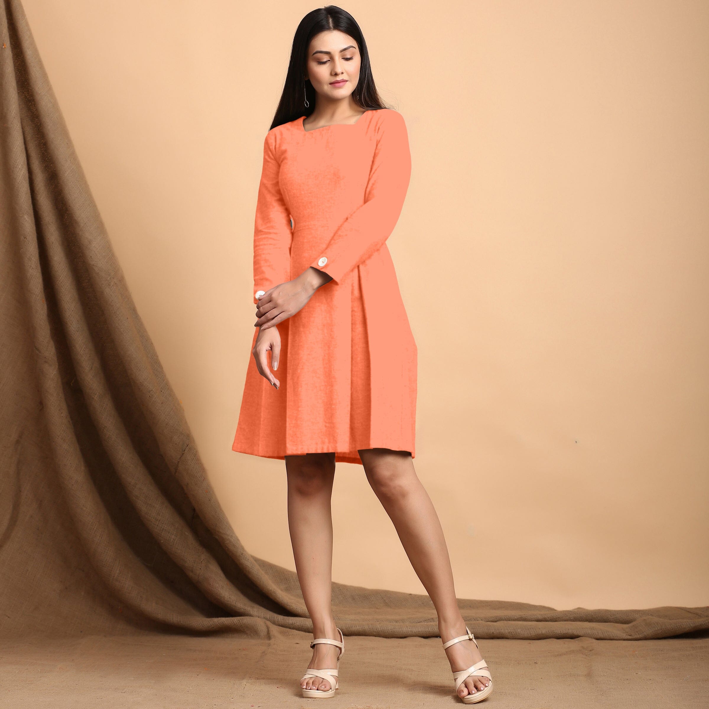 Peach Cotton Flax Square Neck Pleated Short Dress