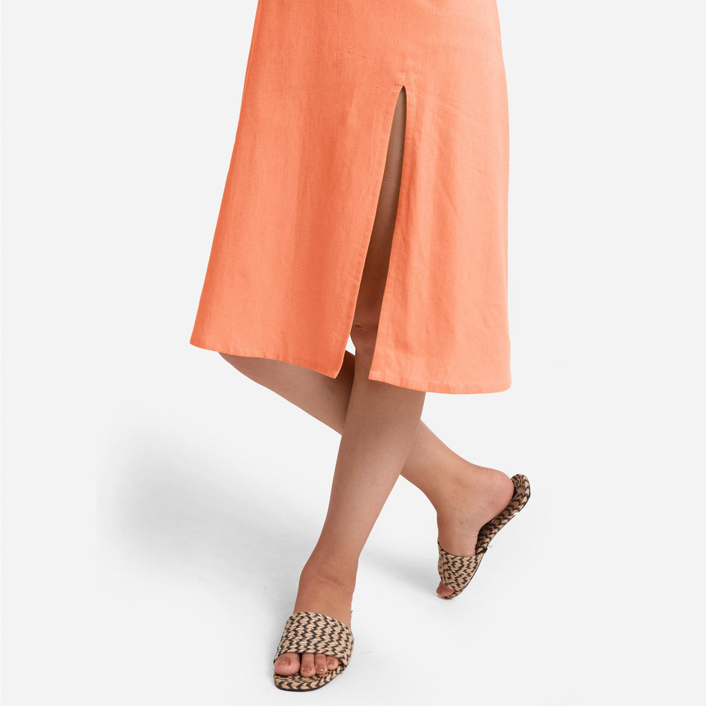 Front View of a Model wearing Peach Cotton Flax Strappy Slit Dress