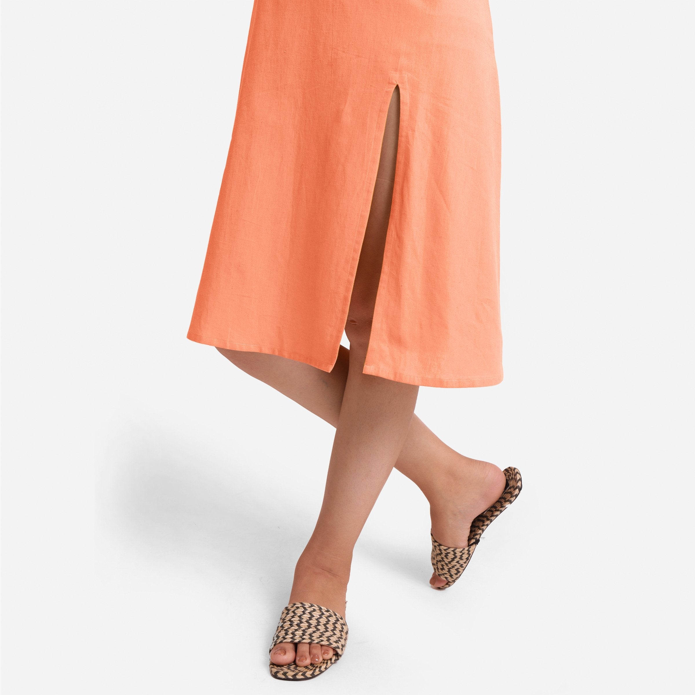 Front View of a Model wearing Peach Cotton Flax Strappy Slit Dress