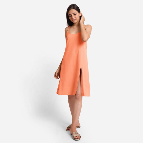 Front View of a Model wearing Peach Cotton Flax Strappy Slit Dress