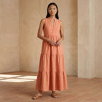 Peach Cotton Flax V-Neck Maxi Tier Dress