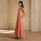 Peach Cotton Flax V-Neck Maxi Tier Dress