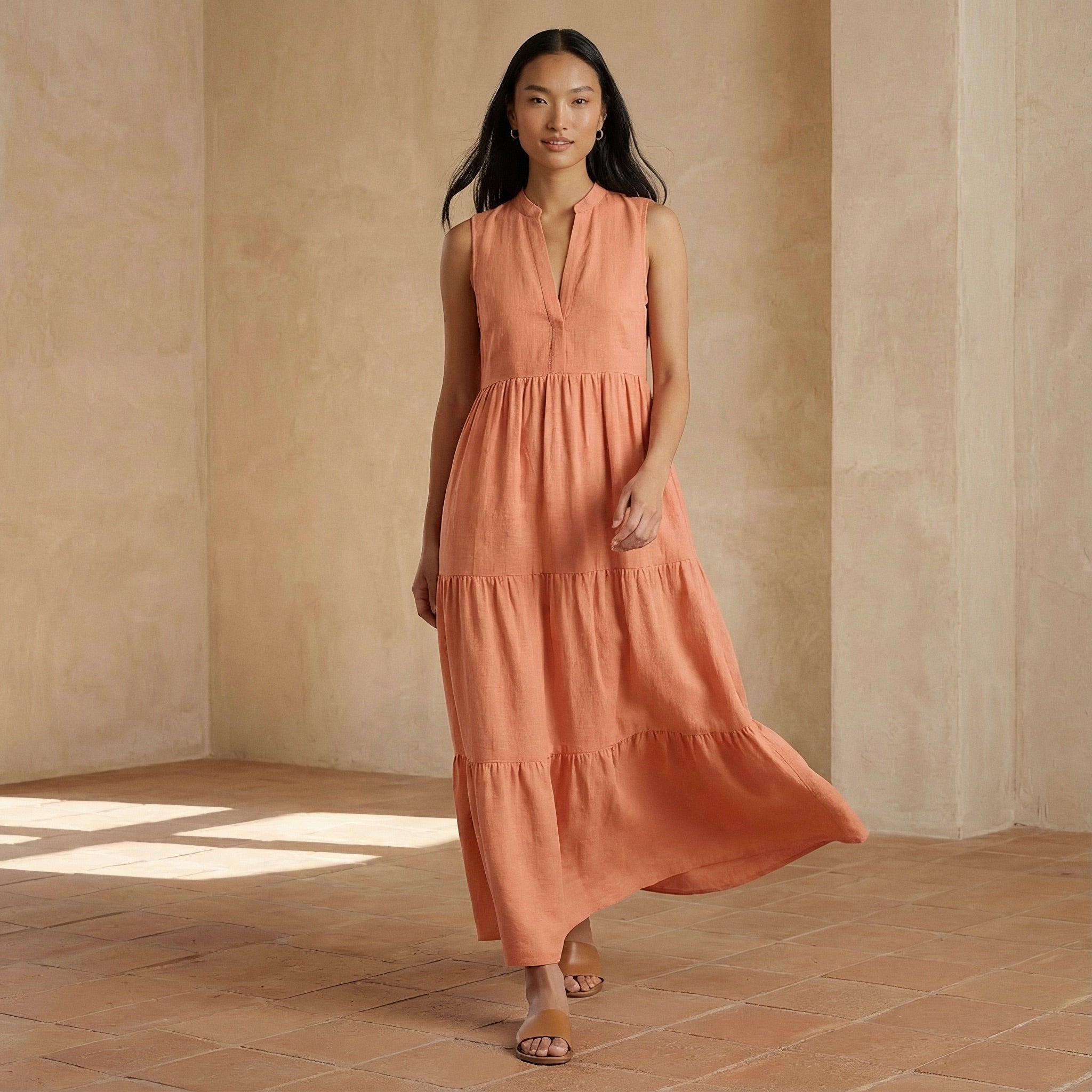Peach Cotton Flax V-Neck Maxi Tier Dress