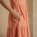 Peach Cotton Flax V-Neck Maxi Tier Dress