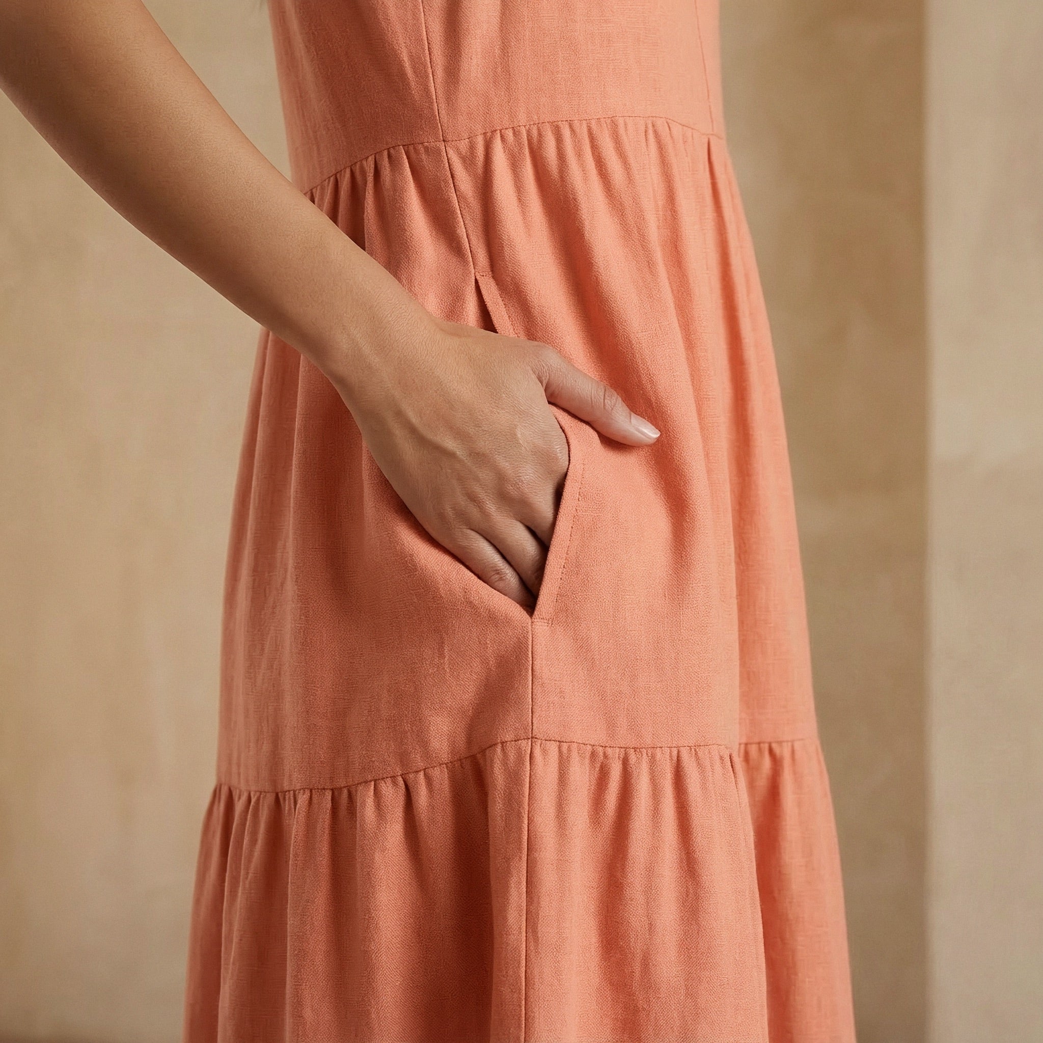 Peach Cotton Flax V-Neck Maxi Tier Dress