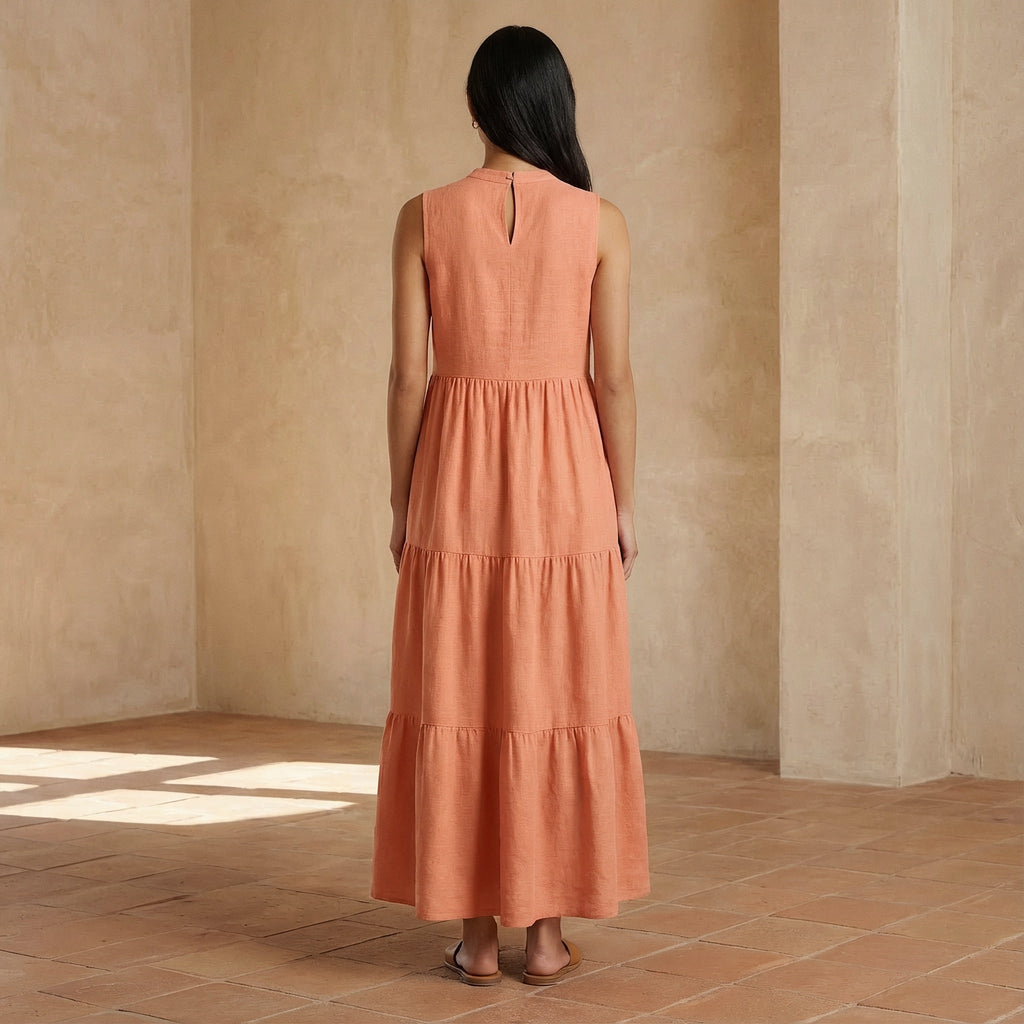 Peach Cotton Flax V-Neck Maxi Tier Dress