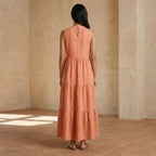 Peach Cotton Flax V-Neck Maxi Tier Dress