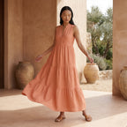 Peach Cotton Flax V-Neck Maxi Tier Dress
