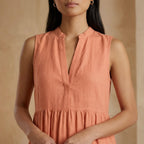 Peach Cotton Flax V-Neck Maxi Tier Dress