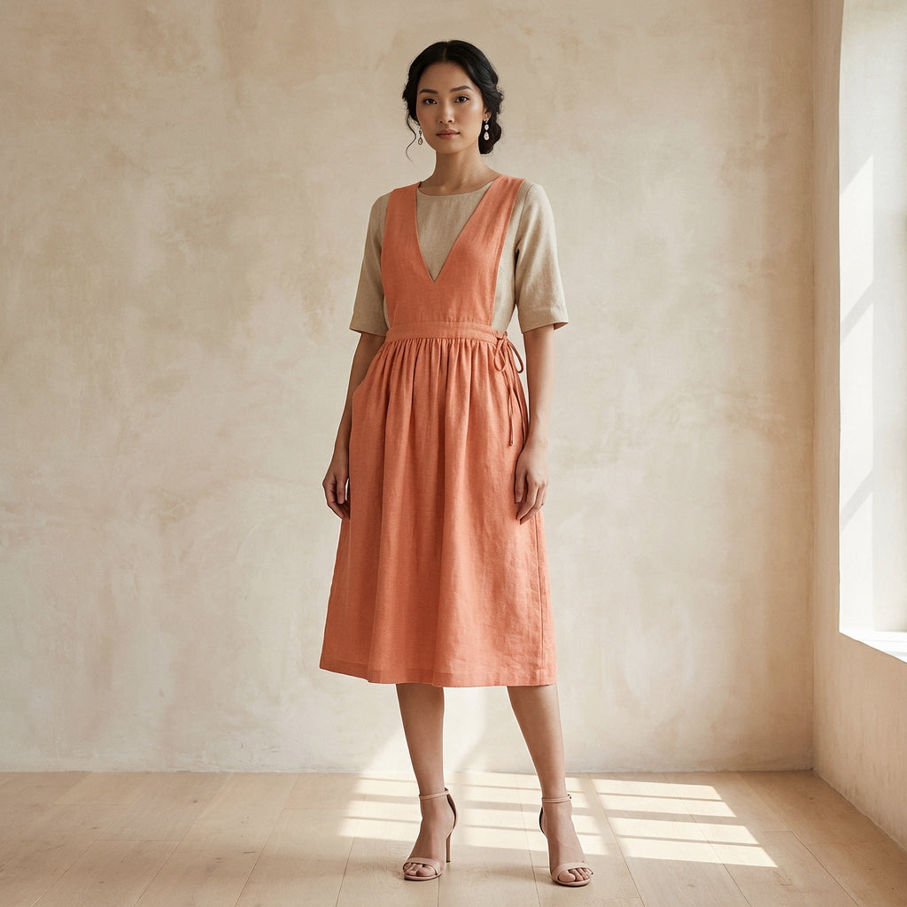 Peach Cotton Flax V-Neck Pinafore Midi Wrap Dress