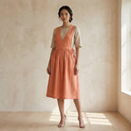 Peach Cotton Flax V-Neck Pinafore Midi Wrap Dress